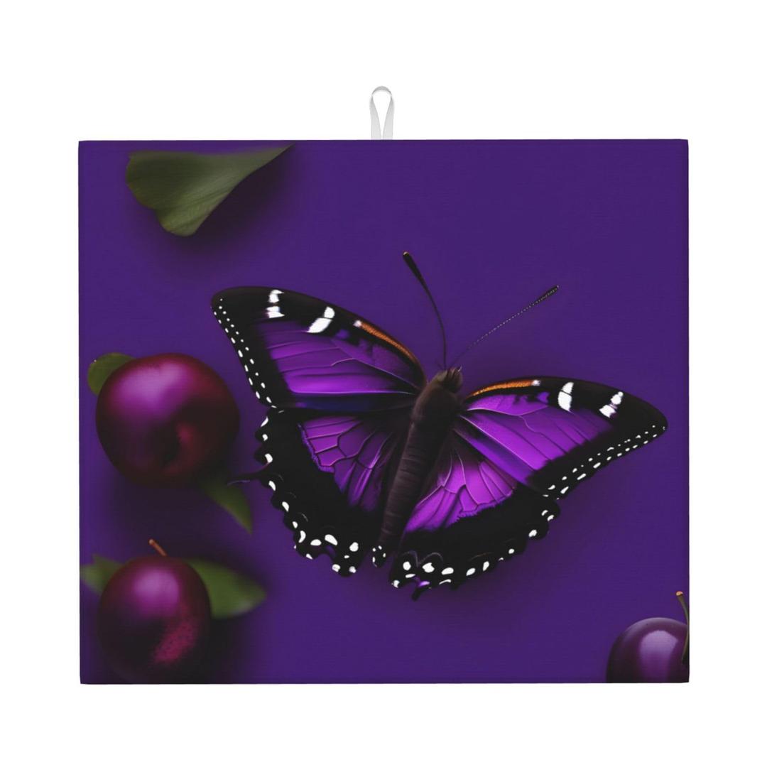 Dish Drying Mats For Kitchen Counter,Kitchen Gadgets,Dish Washer Safe 16" X 18",One Purple Plum Butterfly Print