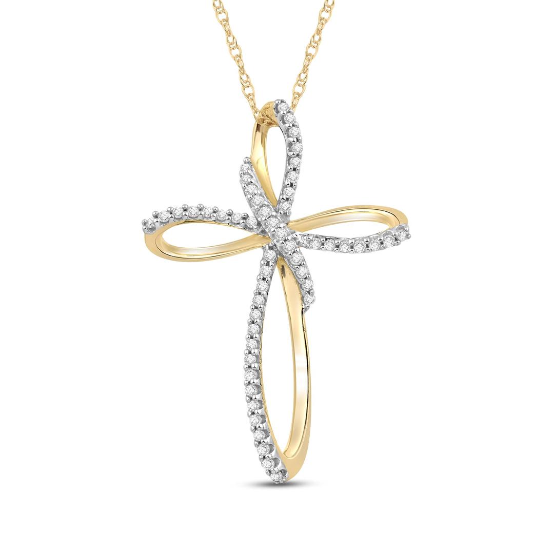 JeweliliCross Necklace Pendant With Natural White Round Diamonds in 10K Rose, White or Yellow Gold, 18 Inch Rope Chain