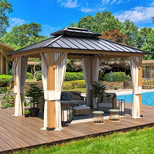 11' x 13' Solid Wood Gazebo, Hardtop Gazebo Plastic Sprayed Metal Roof Outdoor Gazebo Canopy Double Vented Roof Pergolas Wood Frame with Netting and Curtains for Garden, Patio, Lawns, Parties