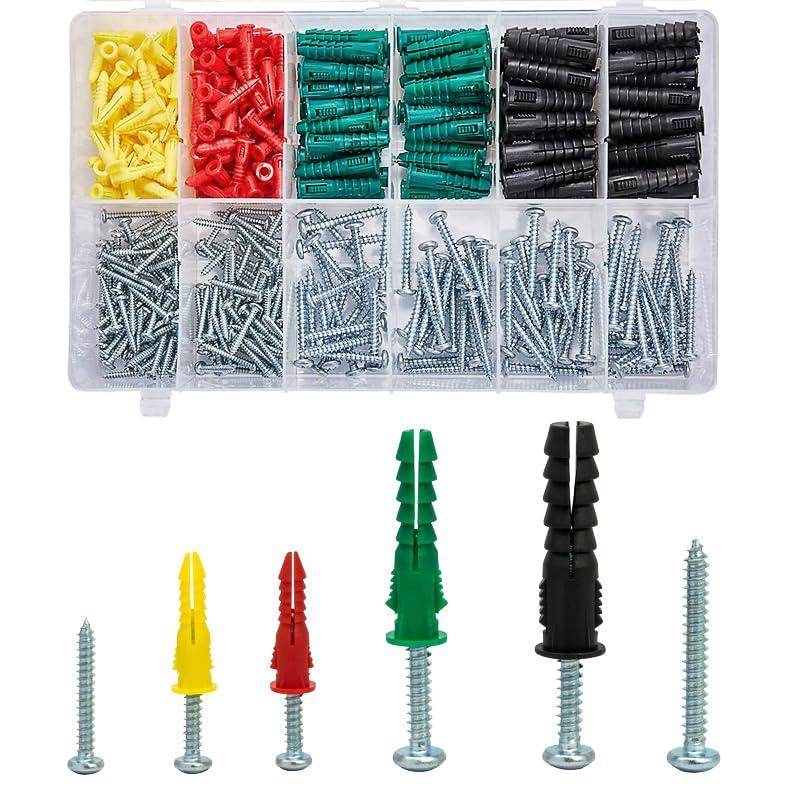 T.K.Excellent Plastic Drywall Anchors and Screws Kit, Ribbed Anchors Assortment Screws Kit, Wall Anchor Kit 400Pcs