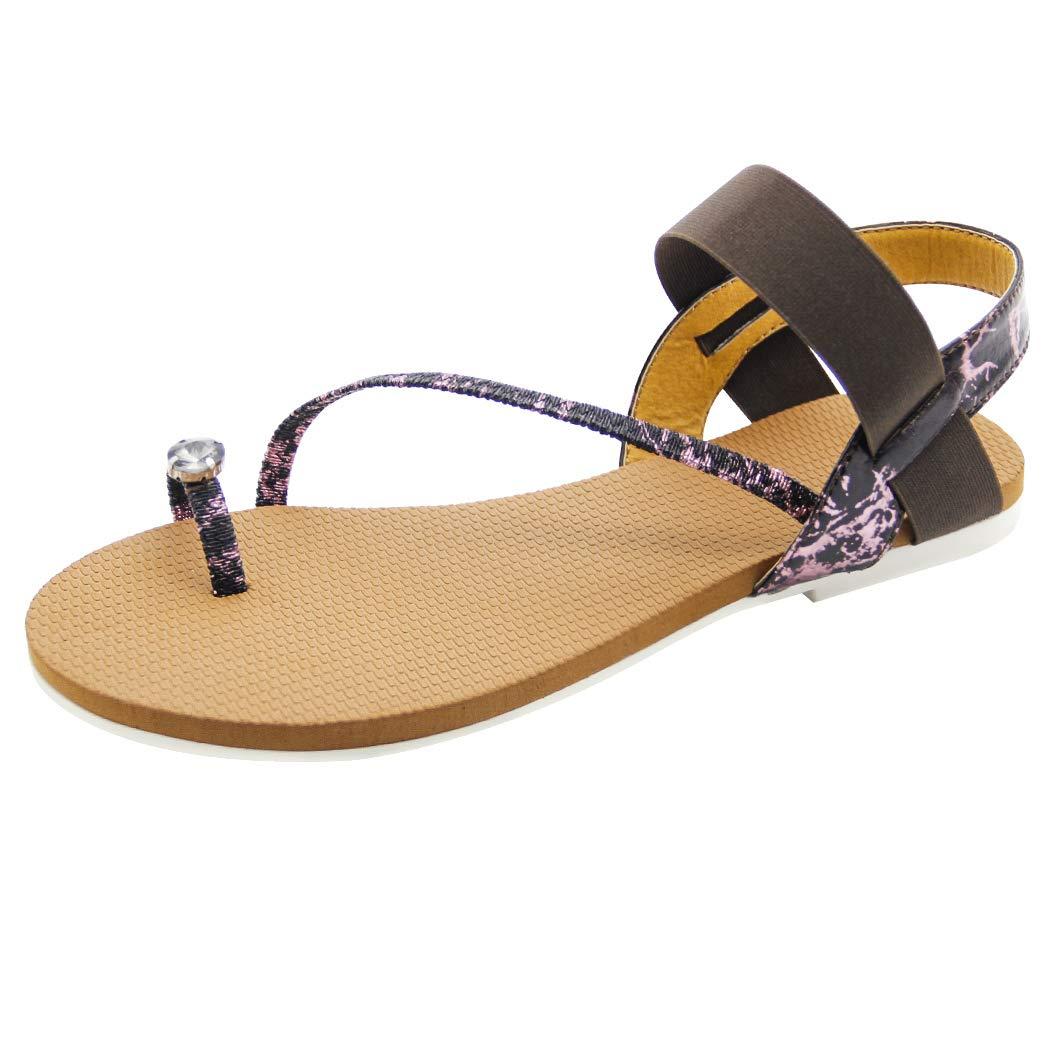 Womens Flat Sandals, Toe Ring Ankle Strap Strappy Dressy Slingback Toe Loop Sandal, Gladiator Leatherette Sandal for Woman with Rhinestone in Summer