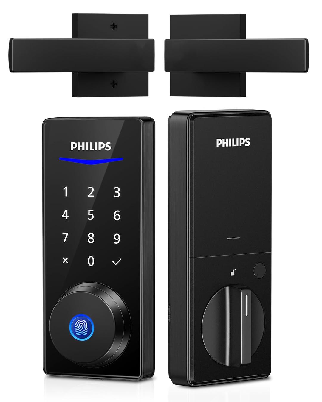 Philips Fingerprint Door Lock with 2 Lever Handles Set, Keyless Entry Door Lock with Handles, Electronic Door Lock Set with Code, Door Lock Set for Front Door,Auto Lock, Touchscreen Keypad with Key