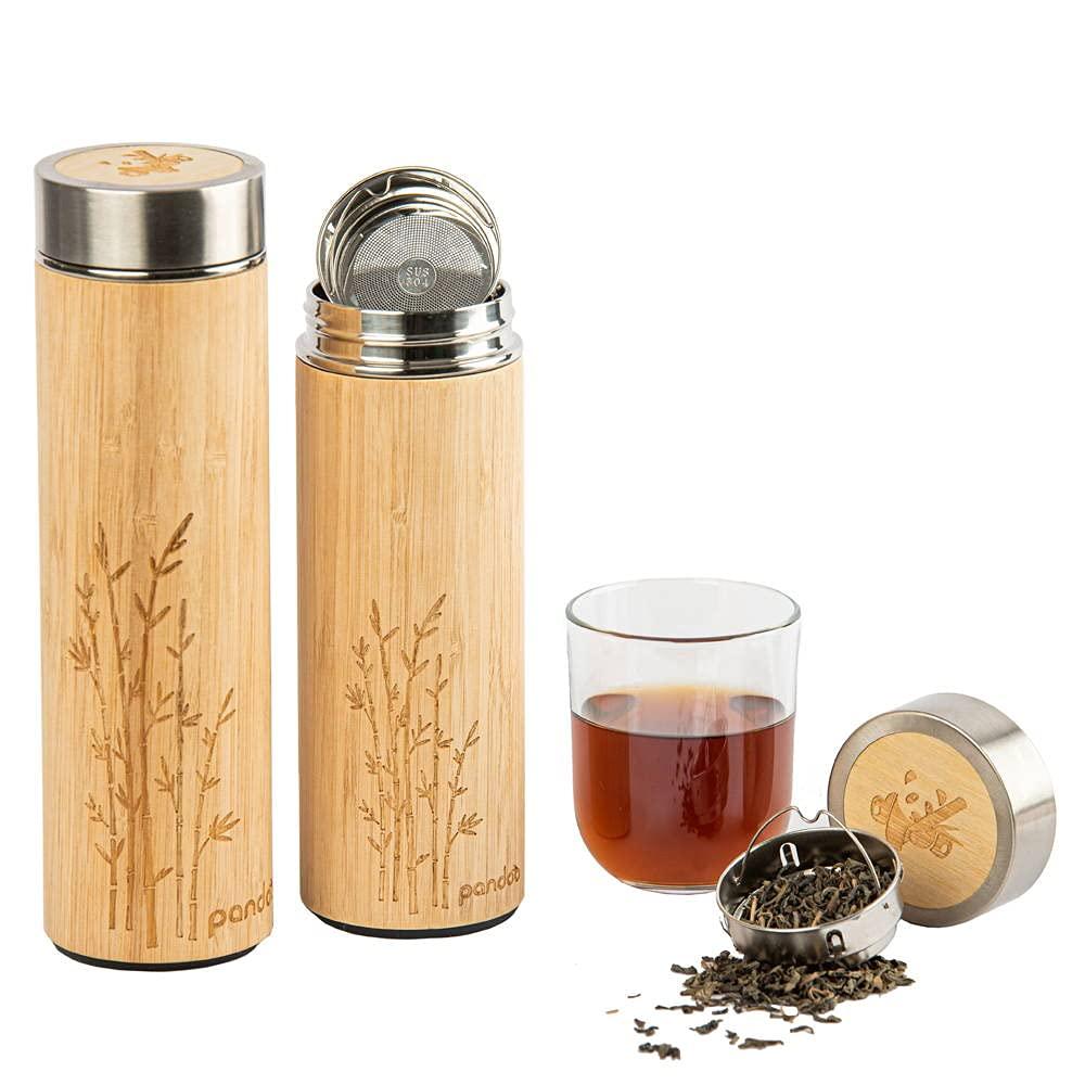 pandooBamboo Thermo Mug | Double-Walled Insulated Thermo Bottle | Travel Mug, Tea Maker, Tea Bottle with Stainless Steel Tea Strainer | BPA- | Tea to-Go 480ml