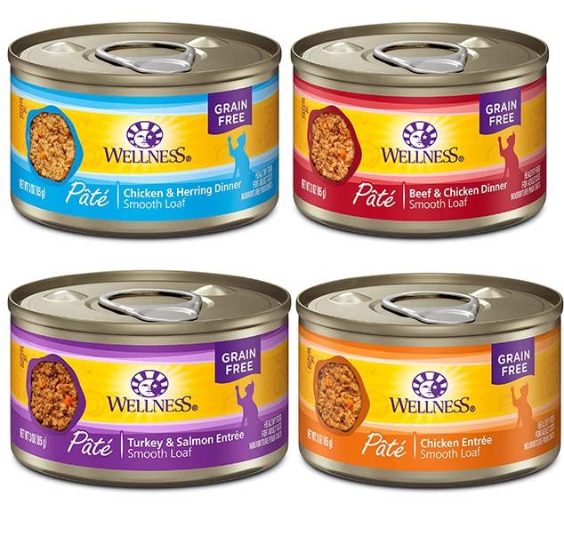 WellnessNatural Premium Canned Cat Wet Food Pate - 12 Pack Cans Variety Bundle Pack 4 Flavor - (Chicken,Beef, Salmon & Turkey) W/ HS Pet Food Bowl - (3 Ounce)