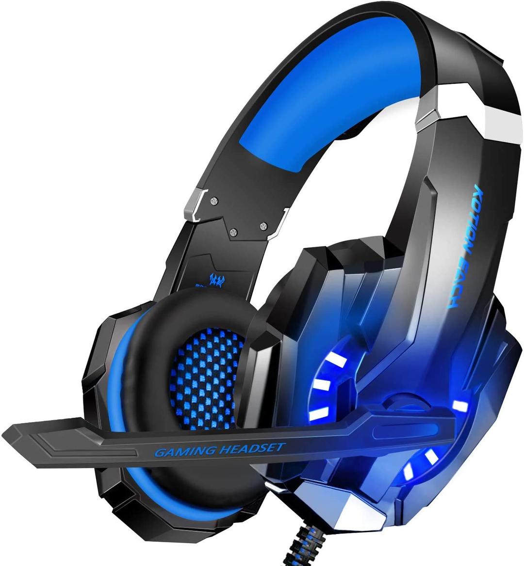 BlueFire Stereo Gaming Headset for PS4, PC, Xbox One Controller, Noise Cancelling Over Ear Headphones with Mic, LED Light, Bass Surround, Soft Memory Earmuffs for Laptop Nintendo Switch Games (Blue)