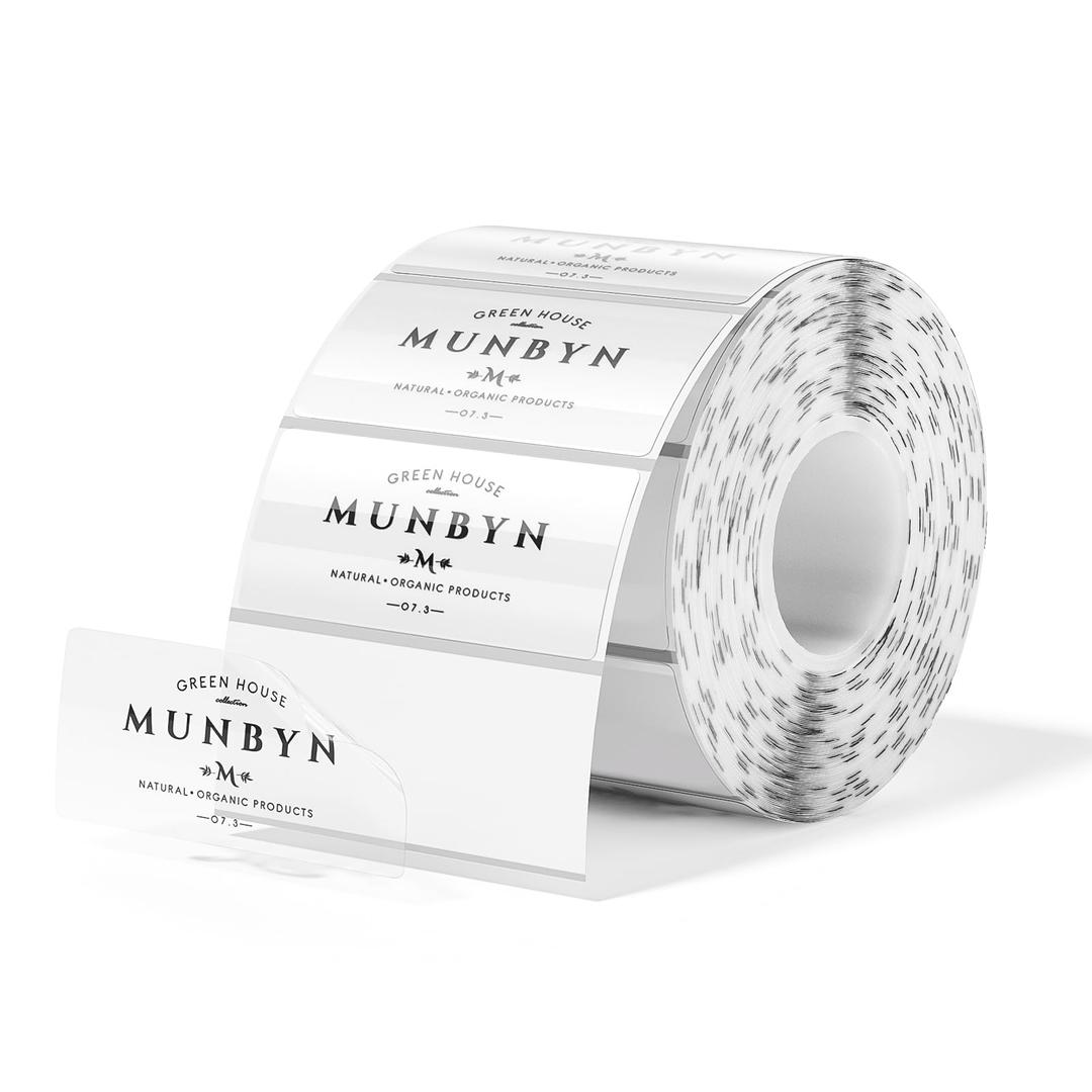 MUNBYN Clear Thermal Labels, 2.25 x 1.25 Inches 500 Pcs Printable Transparent Thermal Sticker Labels for Small Businesses, DIY Logo Design, Multipurpose Roll, Direct Waterproof Label Stickers