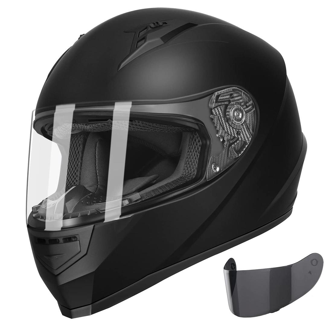 GLXGX11 Compact Lightweight Full Face Motorcycle Street Bike Helmet with Extra Tinted Visor DOT Approved (Matte Black, Medium)