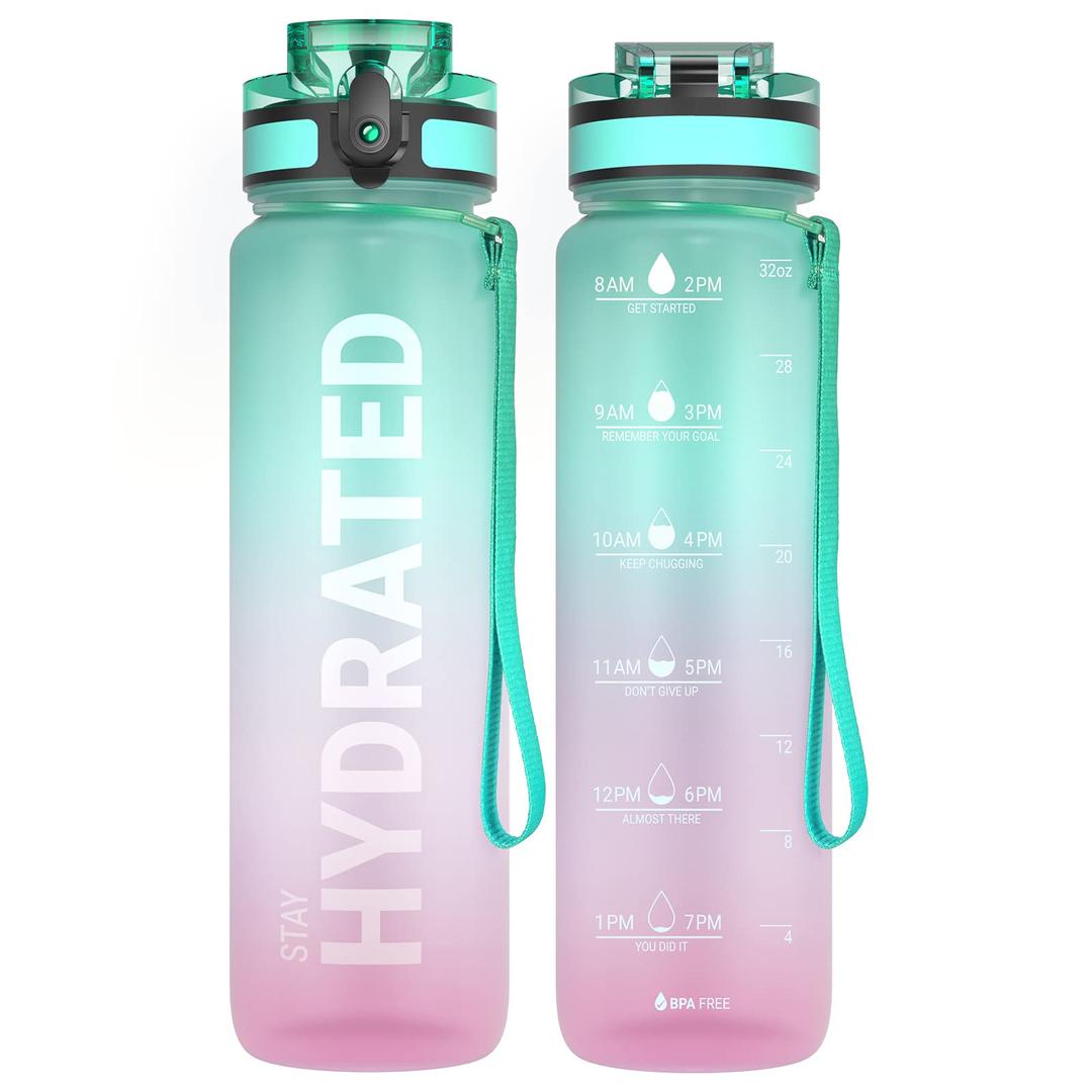 Sahara Sailor Water Bottles, 32oz Motivational Sports Water Bottle with Time Marker - Times to Drink - Tritan, BPA Free, Wide Mouth Leakproof, Fast Flow Technology with Clean Brush (1 Bottle)