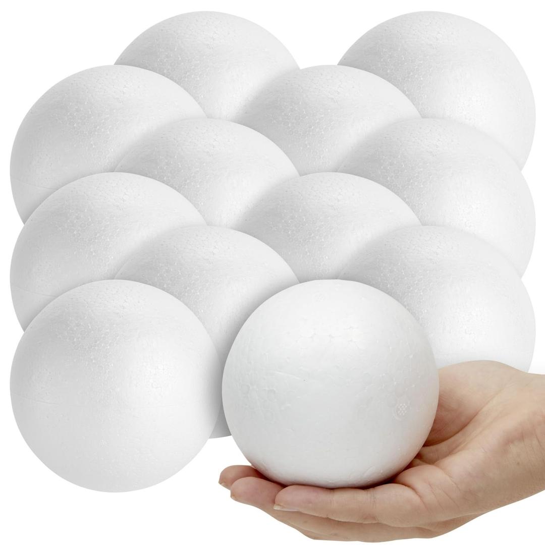 4 Inch Foam Balls for Crafts - 12 Pack Round White Polystyrene Spheres for DIY Projects, Ornaments, School Modeling, Drawing