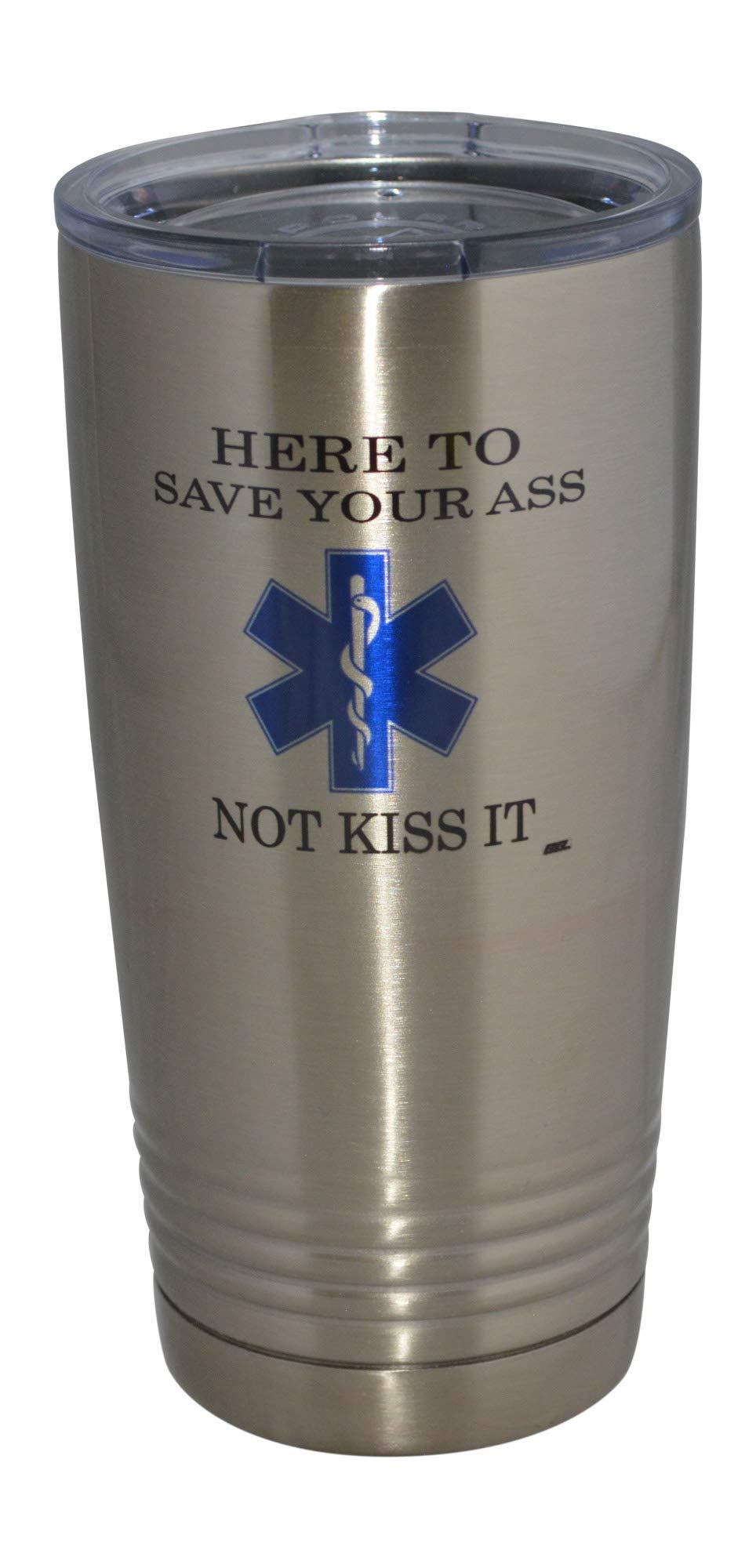 Rogue River Tactical Funny EMT EMS Here to Save 20 Oz. Travel Tumbler Mug Cup w/Lid PAramedic Joke Gag Gift