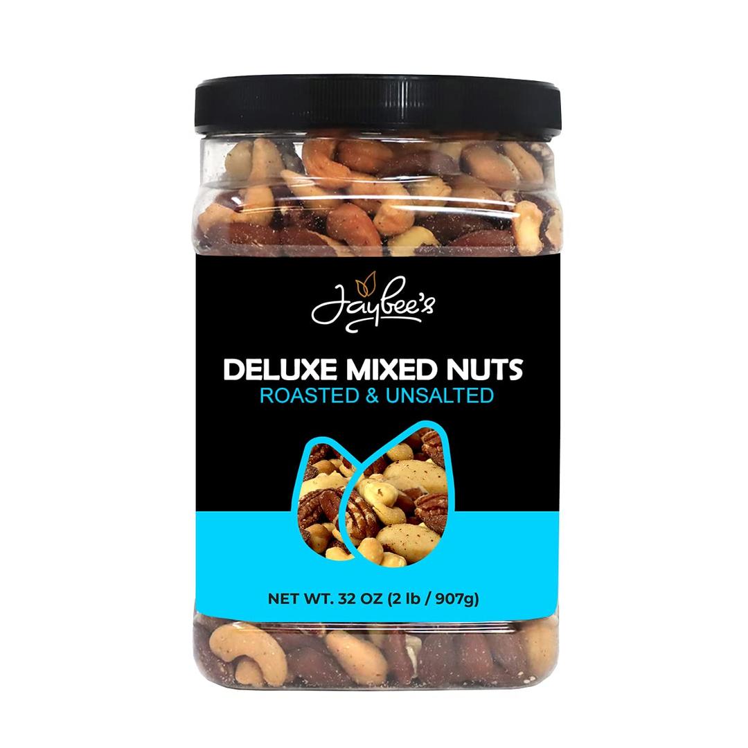 Jaybee’s Unsalted Mixed Nuts | 32 oz | Gourmet Roasted Deluxe Nut Mix with Cashews, Almonds, Pecans, Hazelnuts, Brazil Nuts (No Peanuts) | Keto, Vegan Friendly, Kosher, Healthy Snacks