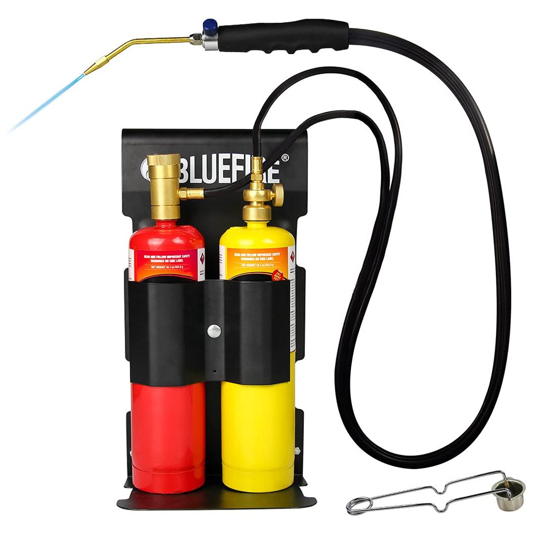 BLUEFIRE Oxypropane Welding Gas Cutting Torch Kit with Flint Lighter and Cylinder Holder Rack - For Jewelers Hvac Torch Kit Brazing Mapp Gas Torch, Soldering Oxy Acetylene Torch Kit Tanks