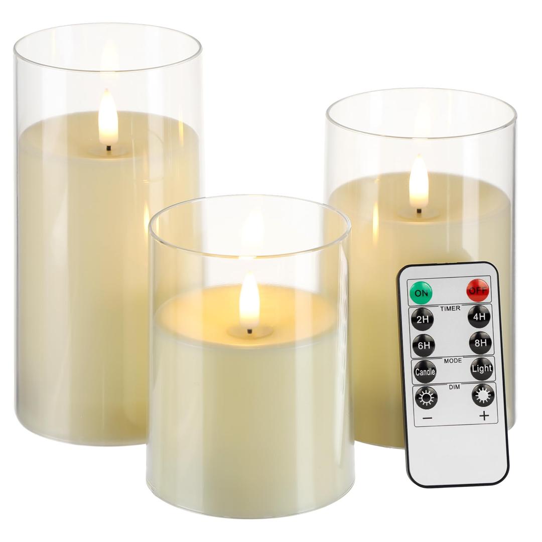 Flickering Flameless Candles Battery Operated,Acrylic LED Pillar Candles with Remote Control and Timer,3 Pack White Fake Candlesl for Creating Ambiance at Home,Weddings,and Special Events