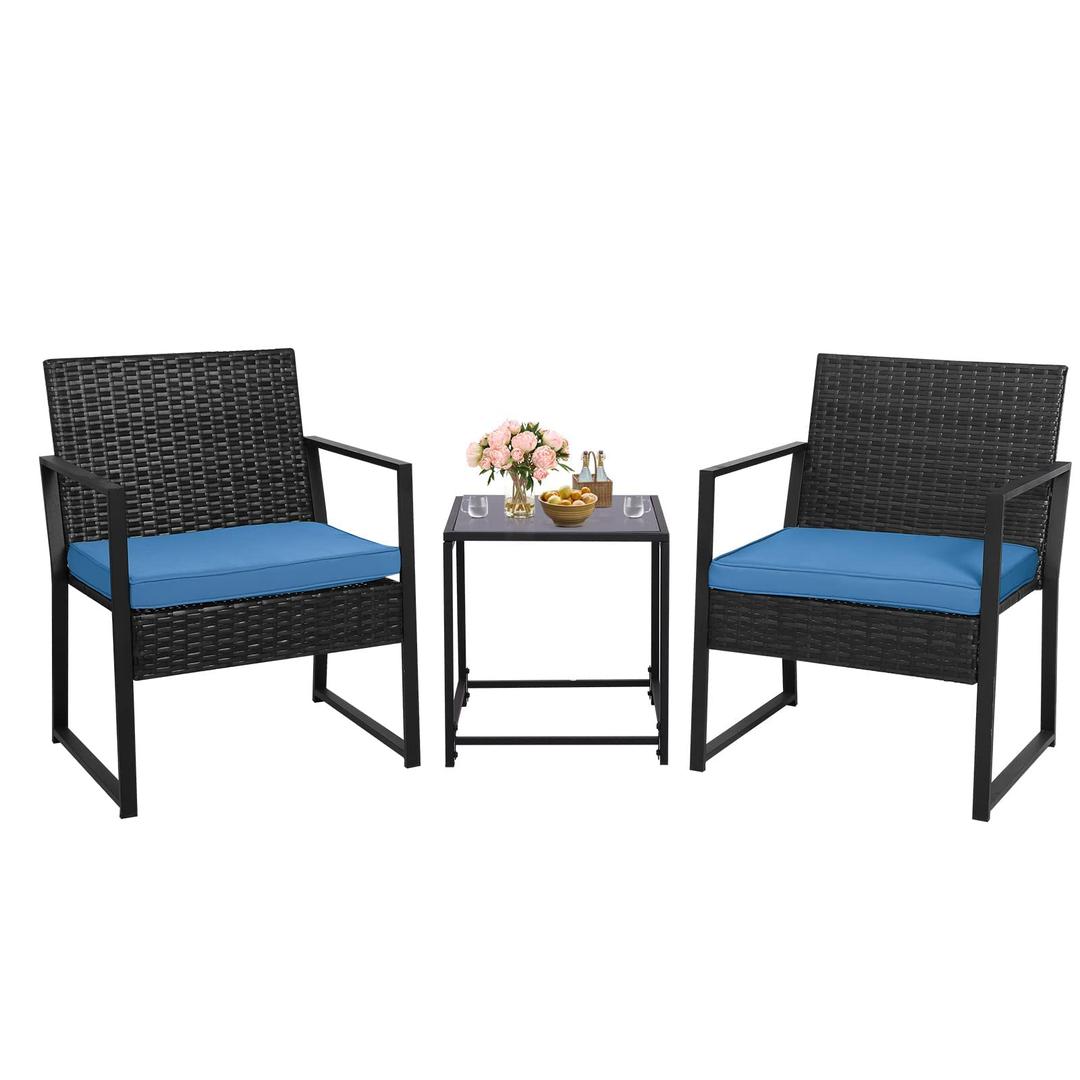 BAIJIAWEI B 3PCS Wicker Patio Furniture Sets Outdoor Bistro Set Wicker Chair Conversation Sets with Coffee Table for Yard, Backyard, Porch, Bistro (Black Wicker-Blue Cushion)