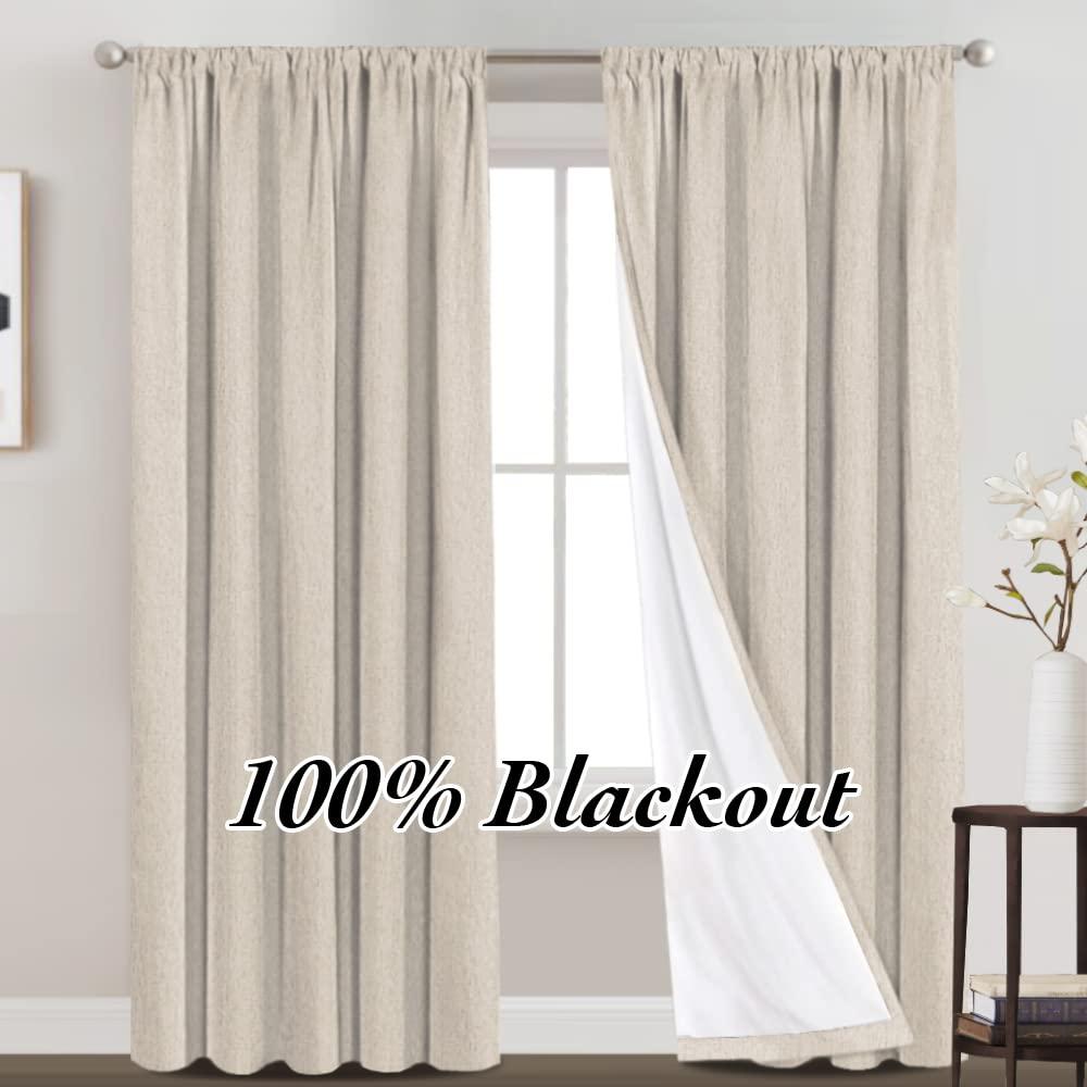 100% Blackout Curtains Primitive Linen Textured Curtain Drapes for Bedroom Full Light Blocking Window Curtains Draperies for Living Burlap Fabric Soft with White Liner (52 x 84 Inch, Natural)