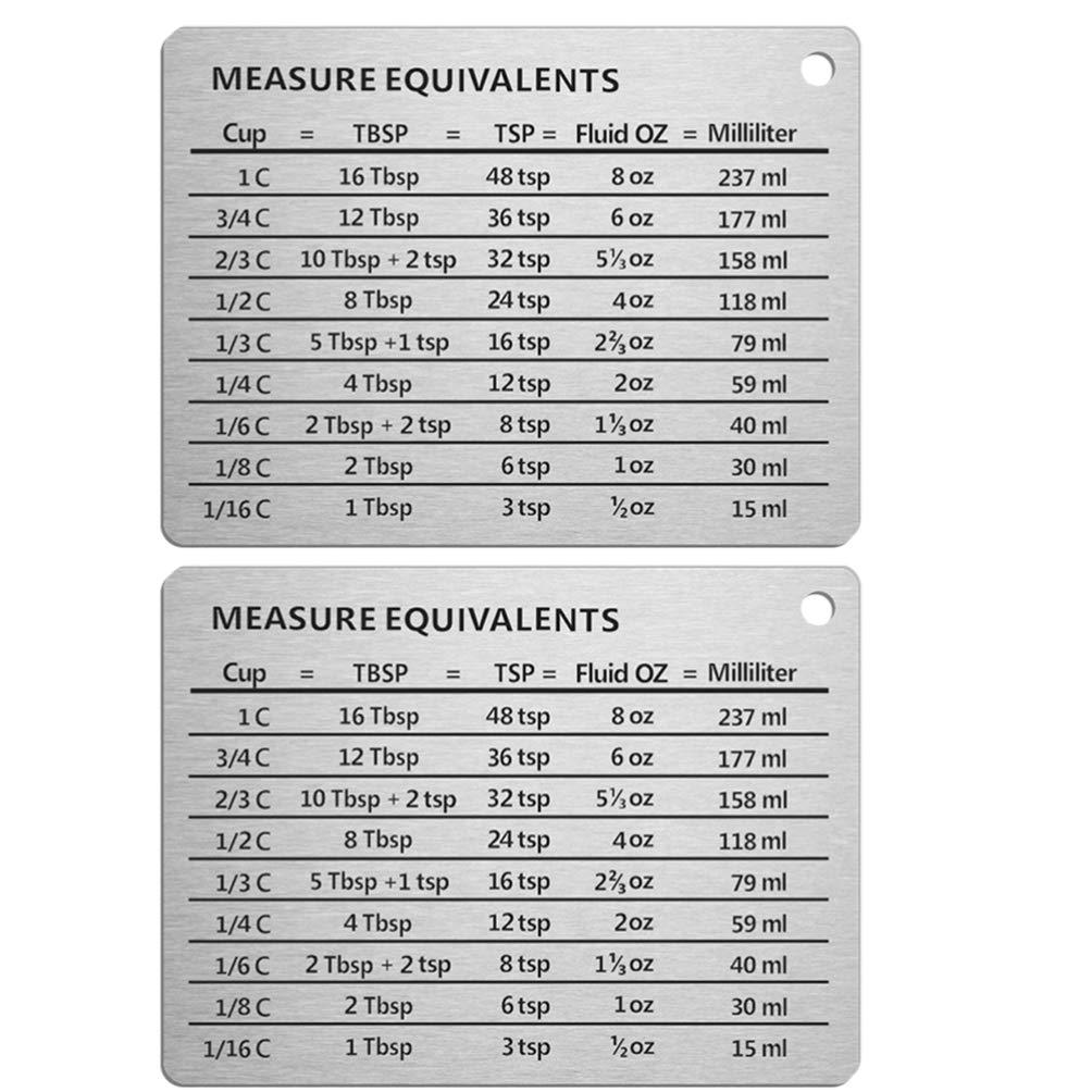 Cabilock 2pcs Measure Equivalent Stainless Steel Magnet Measurement Conversion Chart Measuring Chart Measure Equivalent for Kitchen Home Refrigerator