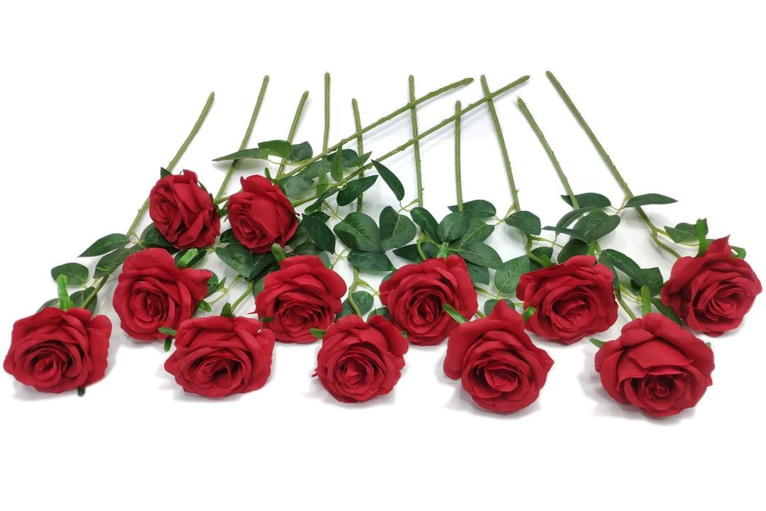 Laelfe12 pcs Artificial Red Roses Flowers Long Stem Fake Silk Rose for Home Wendding Decorations(Red)