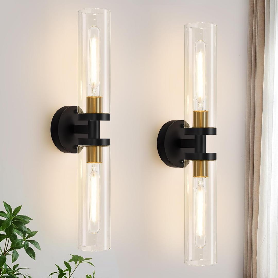 Wall Sconces Set of Two, Black and Gold Bathroom Sconces Wall Lighting with Clear Glass, Modern Sconces Wall Decor Set of 2 Wall Light fixtures for Bathroom Mirror Living Room Hallway Bedroom