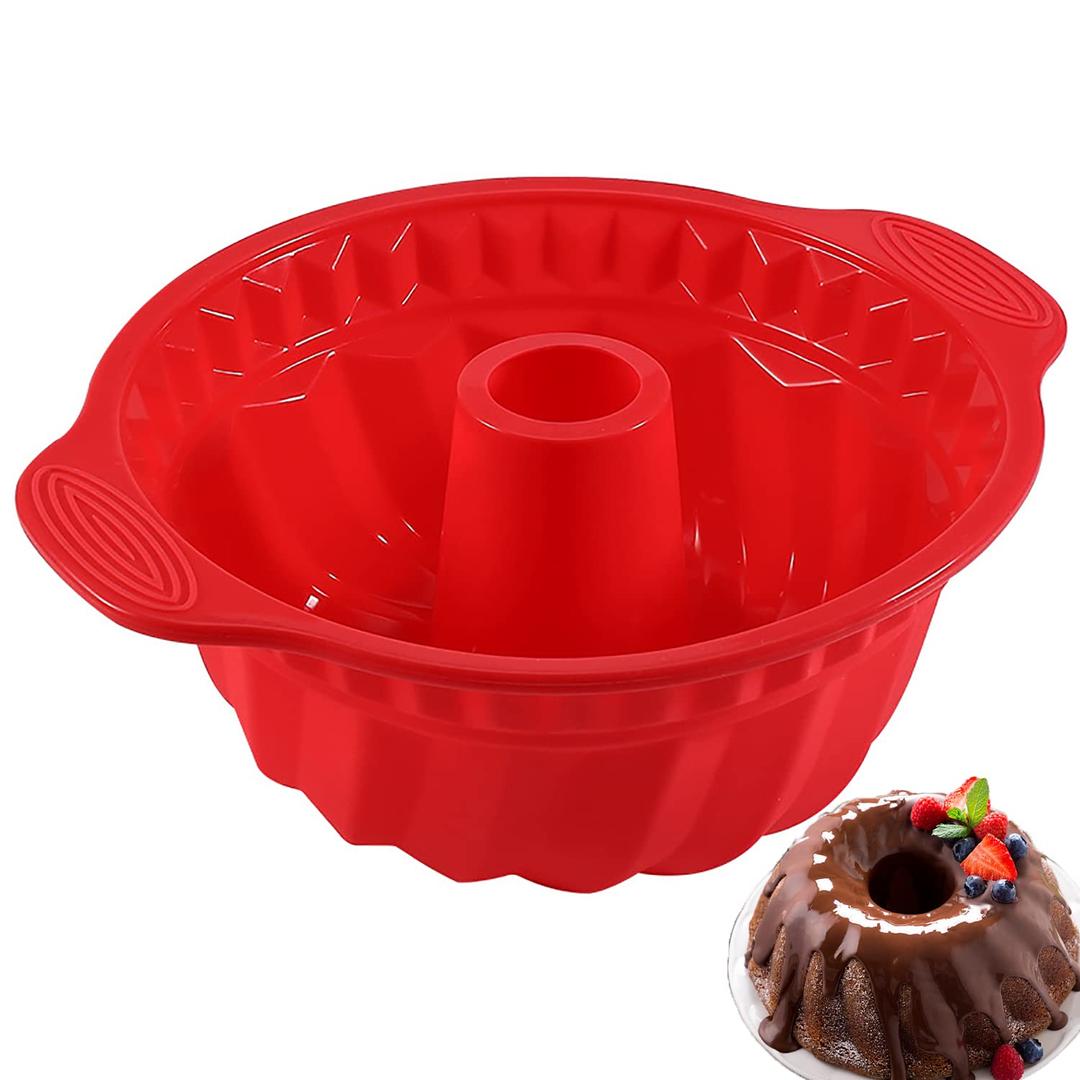 Anxbbo Silicone Cake Pan 9.5 Inch- Non-stick Fluted Cake Pan with Handle, Tube Cake Pan Silicone Baking Molds for Jello, Gelatin, Pound Cake-Red