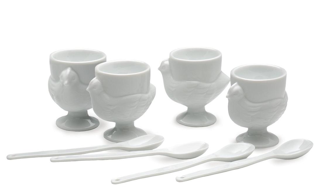 RSVP International Kitchen Accessories Collection Soft Boiled Egg, Cup & Spoon Set, 8 Piece, White Porcelain