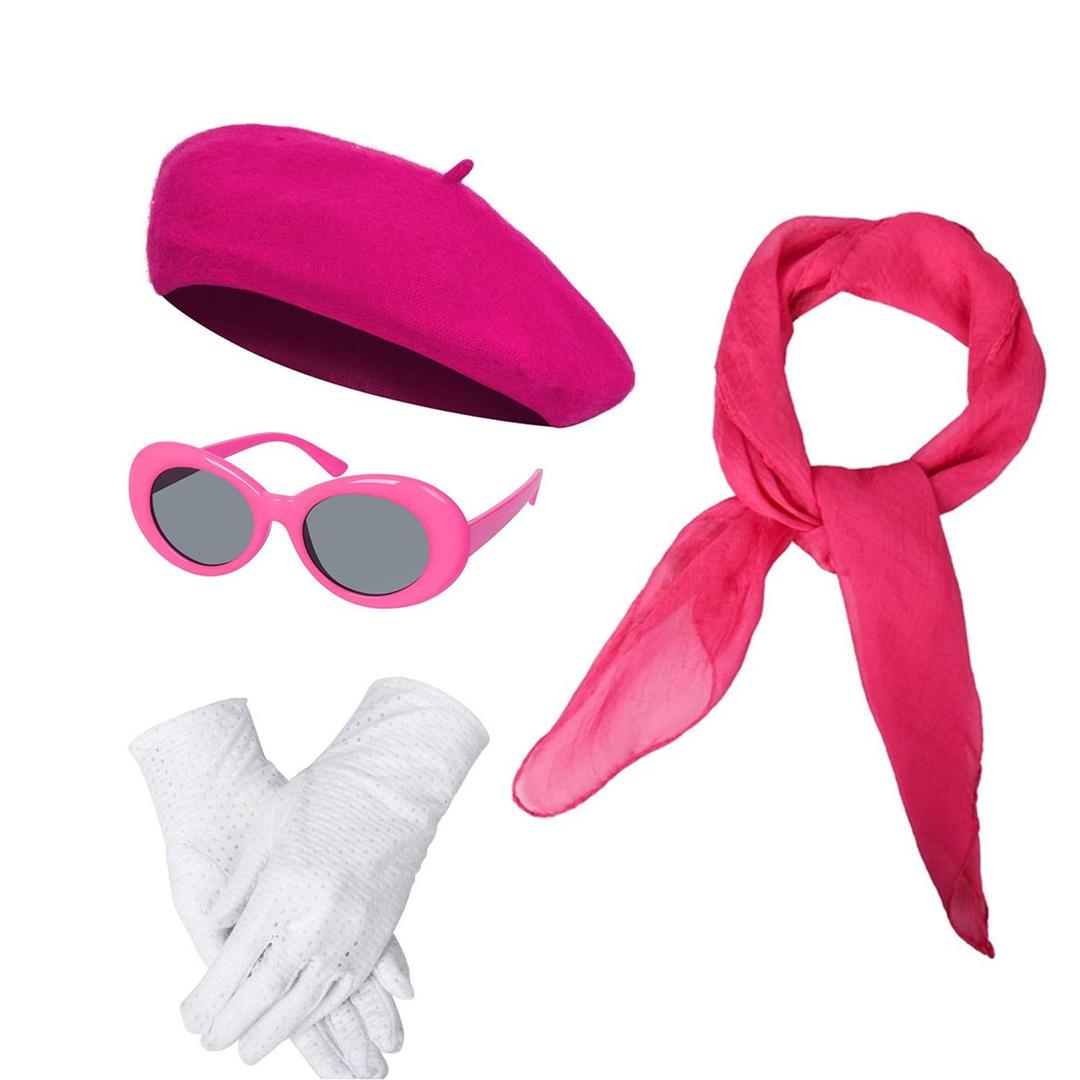 Women Girls French Themed Party Beret Hat Chiffon Scarf Gloves Retro Oval Sunglasses Fancy Dress Costume Accessories Set