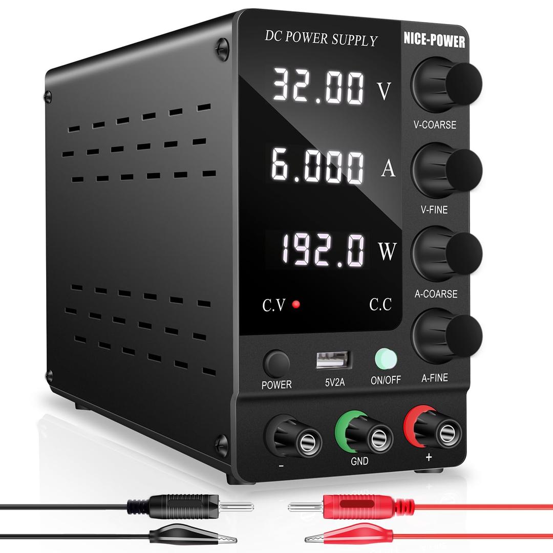 NICE-POWER DC Power Supply Variable, Adjustable Switching Regulated Power Supply 32V 6A with Encoder Coarse & Fine Adjustments Knob, Lab Bench Power Supply with Output Button USB Charge Interface