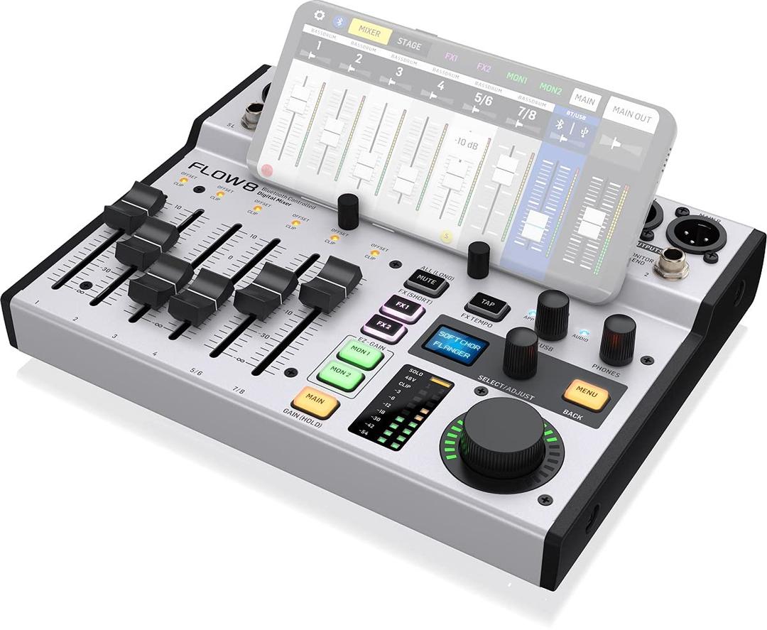 BehringerFLOW 8 8-Input Digital Mixer with Bluetooth Audio and App Control, 60 mm Channel Faders, 2 FX Processors and USB/Audio Interface