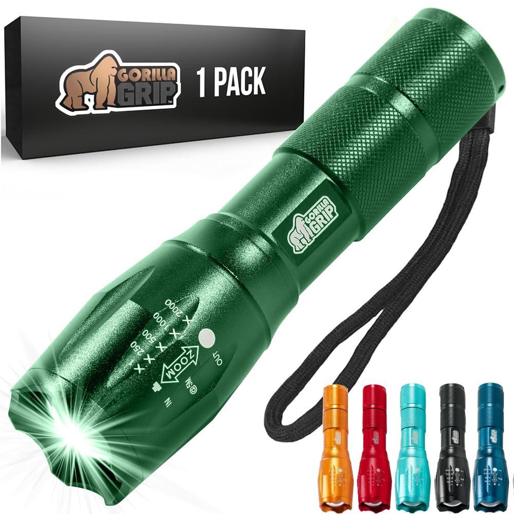 Gorilla Grip Powerful LED 750 FT Water Resistant 5 Adjustable Mode Tactical Flashlight, High Lumens Ultra Bright Battery Life Zoom Flashlights, Small Camping Car Mini Flash Light Accessories, Green