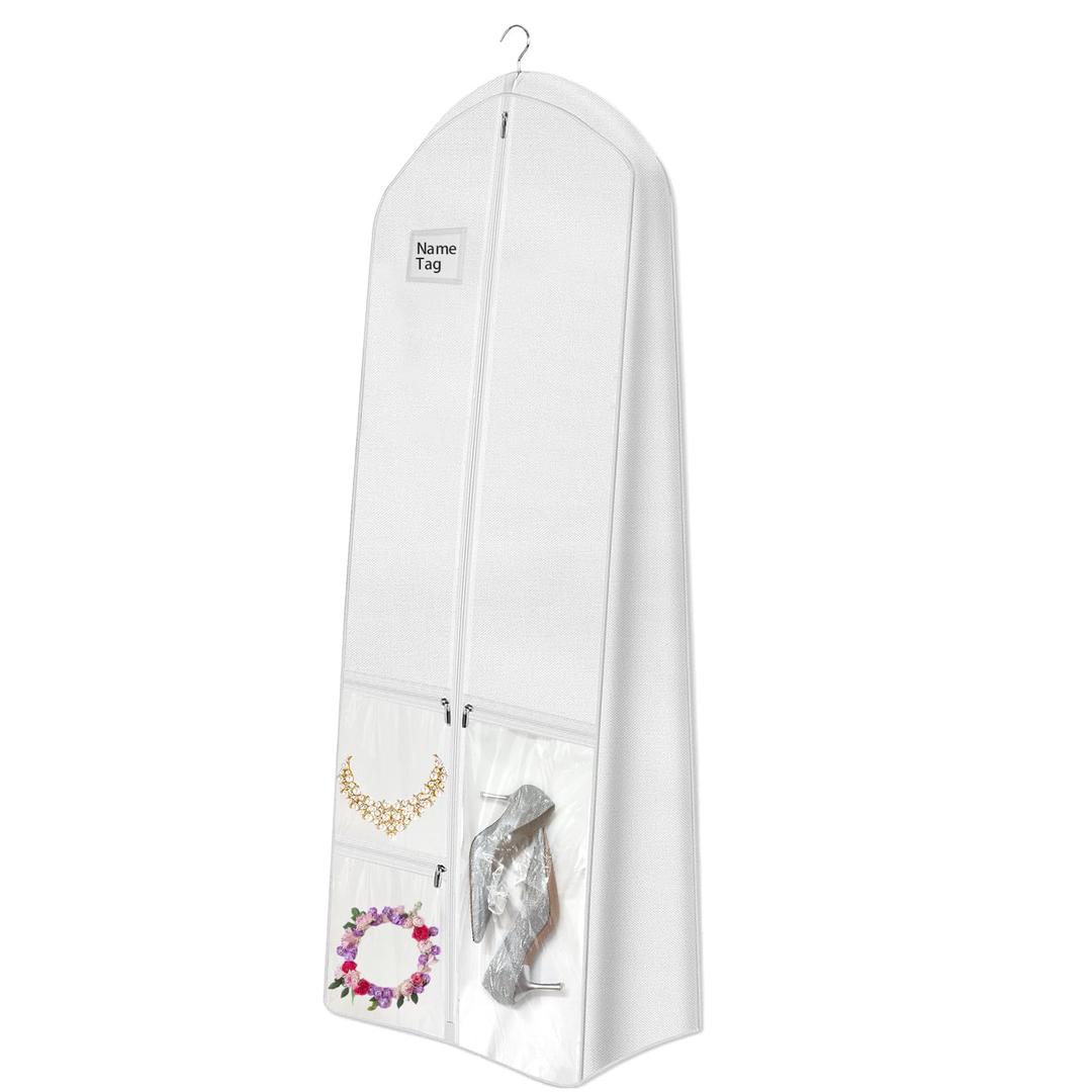 BH7STAR72" Wedding Dress Garment Bag with 10'' Gusseted Dress Bags for Gowns Long 4 Pockets Dress Cover for Women, White