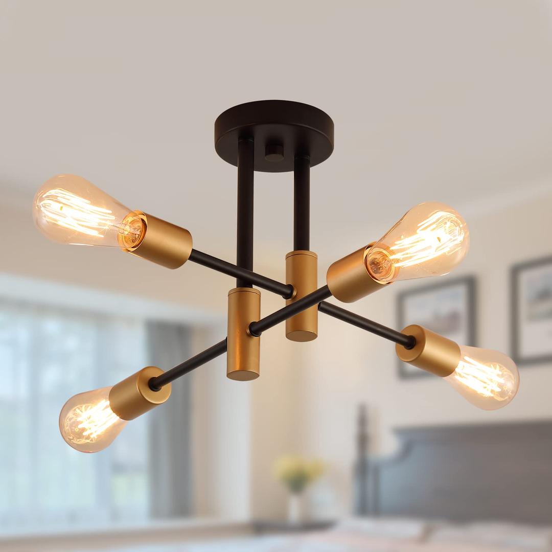 Black and Gold Modern Sputnik Chandelier Ceiling Light Fixtures,4-Lights Mid Century Industrial Metal Semi Flush Mount Ceiling Lights for Bedroom Kitchen Hallway Entryway Office UL Listed