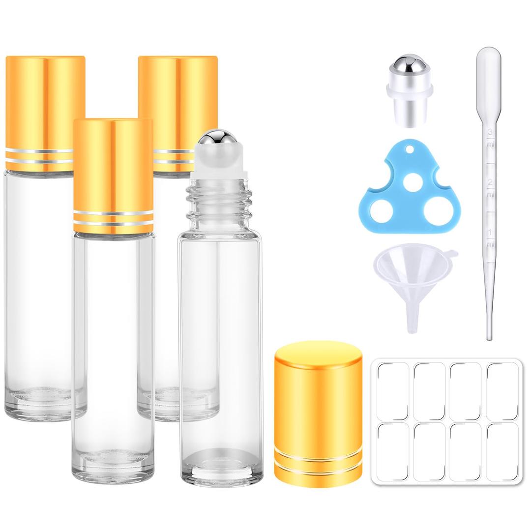 10ml Clear Glass Essential Oil Roller Bottles, Refillable Roll on Bottles with Gold Caps for Castor Travel, 4 Pack Roller Bottles for Essential Oils, Perfume Rollerball Empty