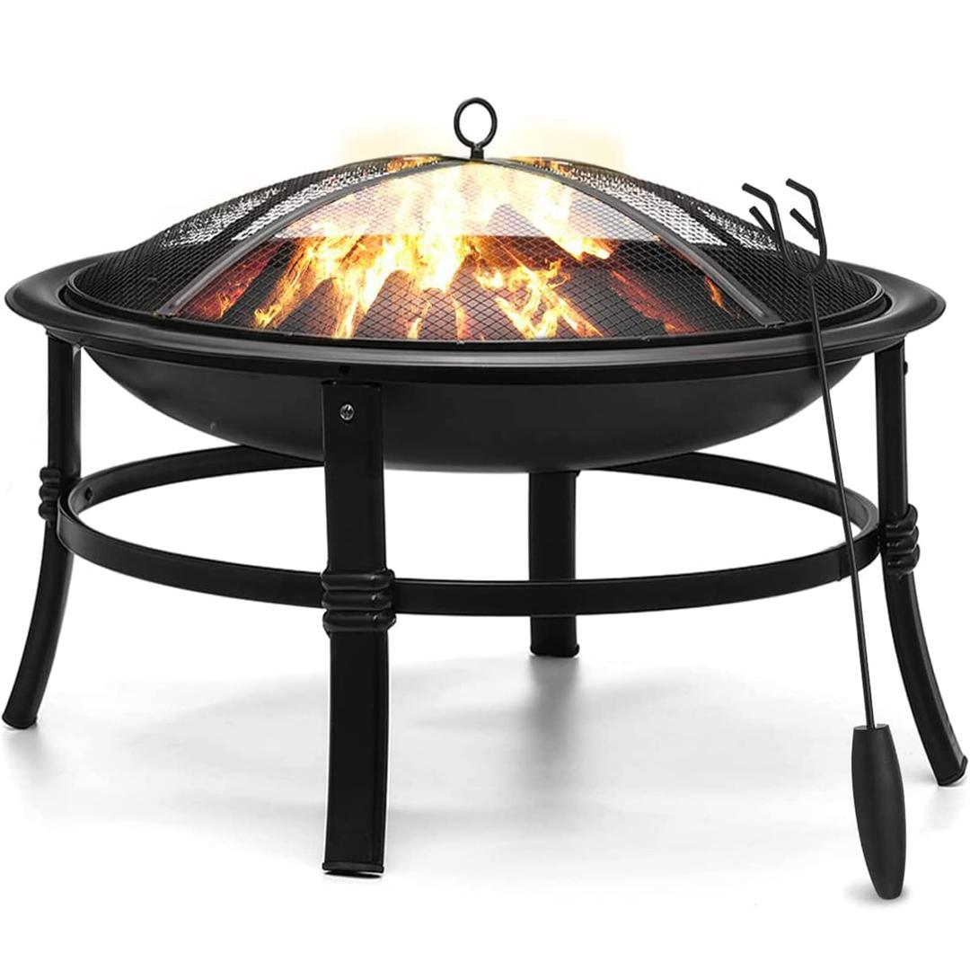 SINGLYFIRE26 Inch Fire Pit for Outside Outdoor Wood Burning Firepit Bowl Heavy Duty Bonfire Pit Steel Firepit for Patio Backyard Camping Deck Picnic Porch with Spark Screen,Log Grate,Poker