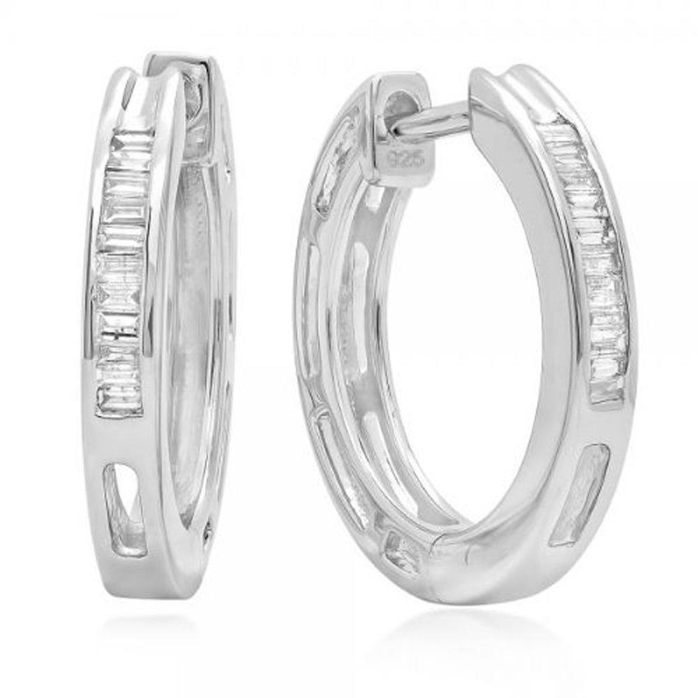 0.13 Carat (ctw) Baguette Cut Diamond Ladies Mens Unisex Huggie Hoop Earrings, Sterling Silver