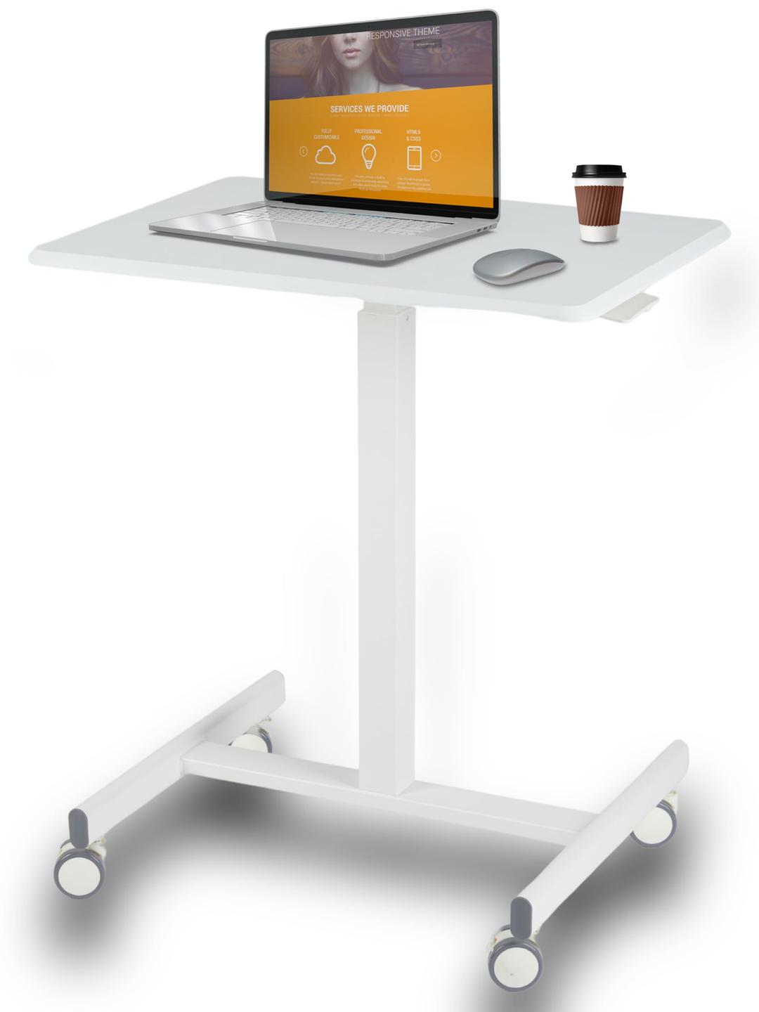 Mobile Laptop Standing Desk- Overbed Table, Adjustable Height Desk Stand Up Desk Small Rolling Sit Stand Desk, Teacher Podium with Wheels, White