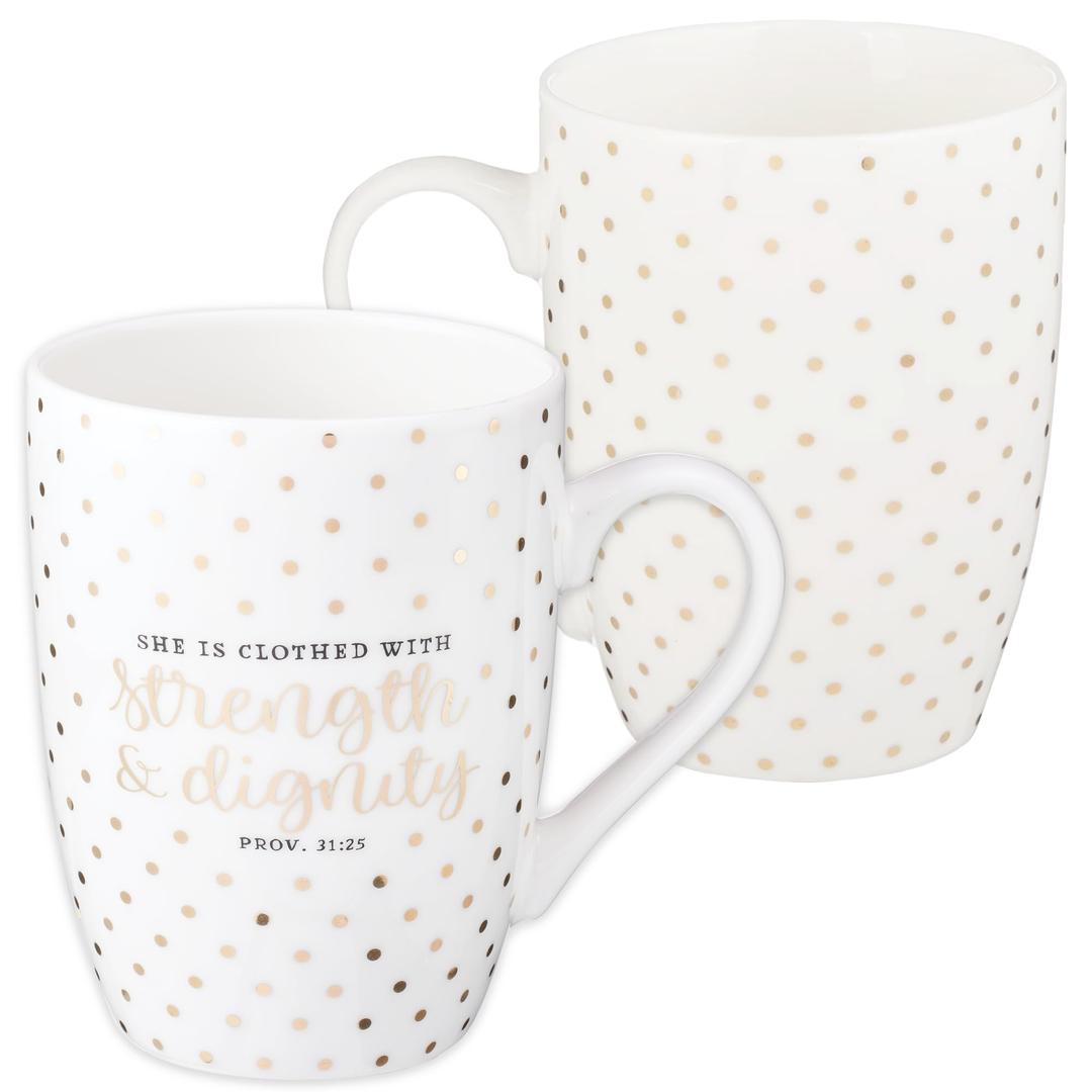 Christian Art Gifts White Polka Dots Ceramic Coffee Mug – 12 oz. Lead and Cadmium-free Inspirational Scripture Coffee and Tea Mug for Men & Women with Bible Verse: Strength & Dignity – Proverbs 31:25