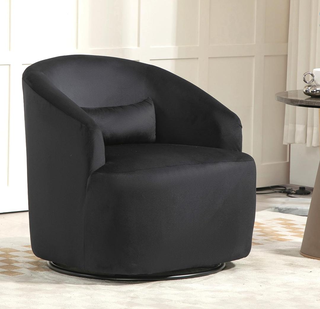 360° Swivel Barrel Chair with Pillow, Upholstered in Soft Velvet, Modern Armchair Ideal for Living Room, Bedroom, Vanity and Office, Fully Assembled, Large, Black