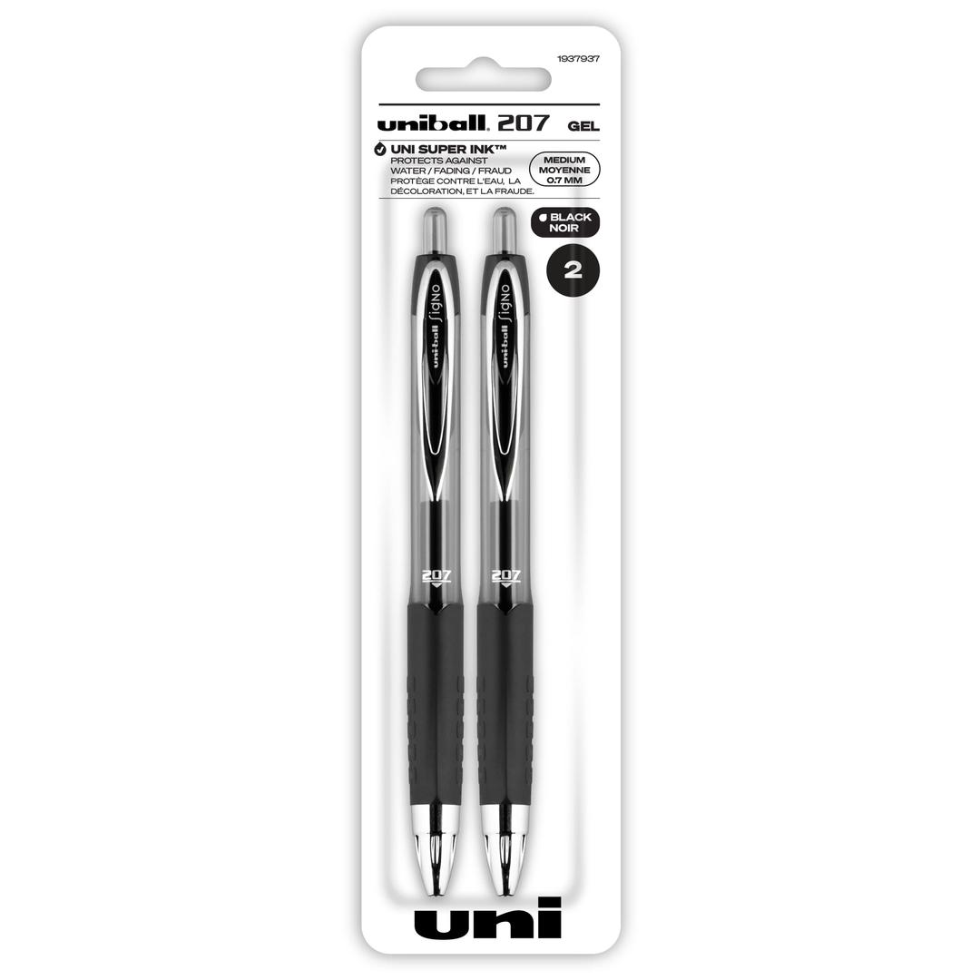 Black Retractable Gel Pens 2 Pack with Medium Points, Uni-Ball 207 Signo Click Pens are Fraud Proof and the Best Office Pens, Nursing Pens, Business Pens, School Pens, and Bible Pens