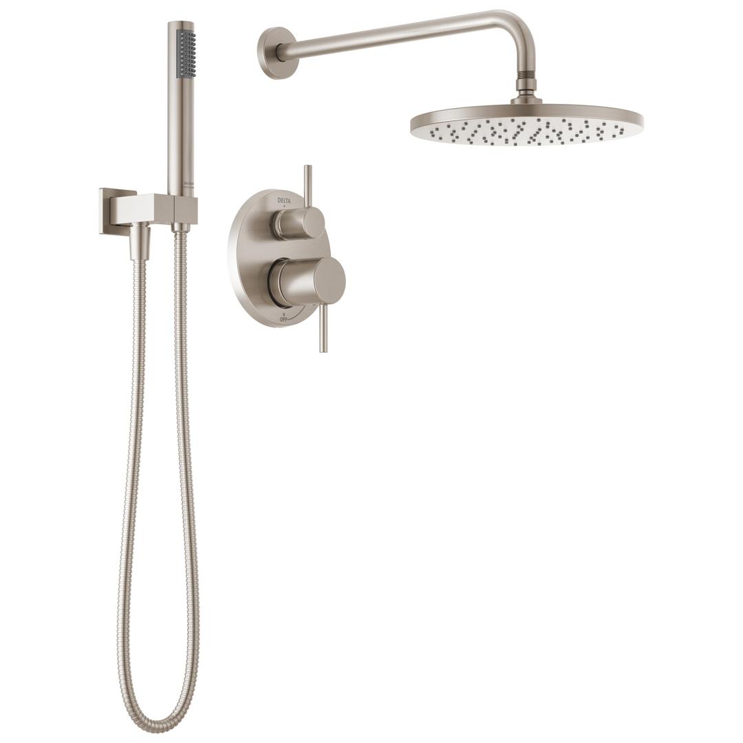 DeltaFaucet Modern Raincan 2-Setting Round Shower System Including Rain Shower Head and Handheld Spray Brushed Nickel, Rainfall Shower System Brushed Nickel, Spotshield Stainless 342702-SP