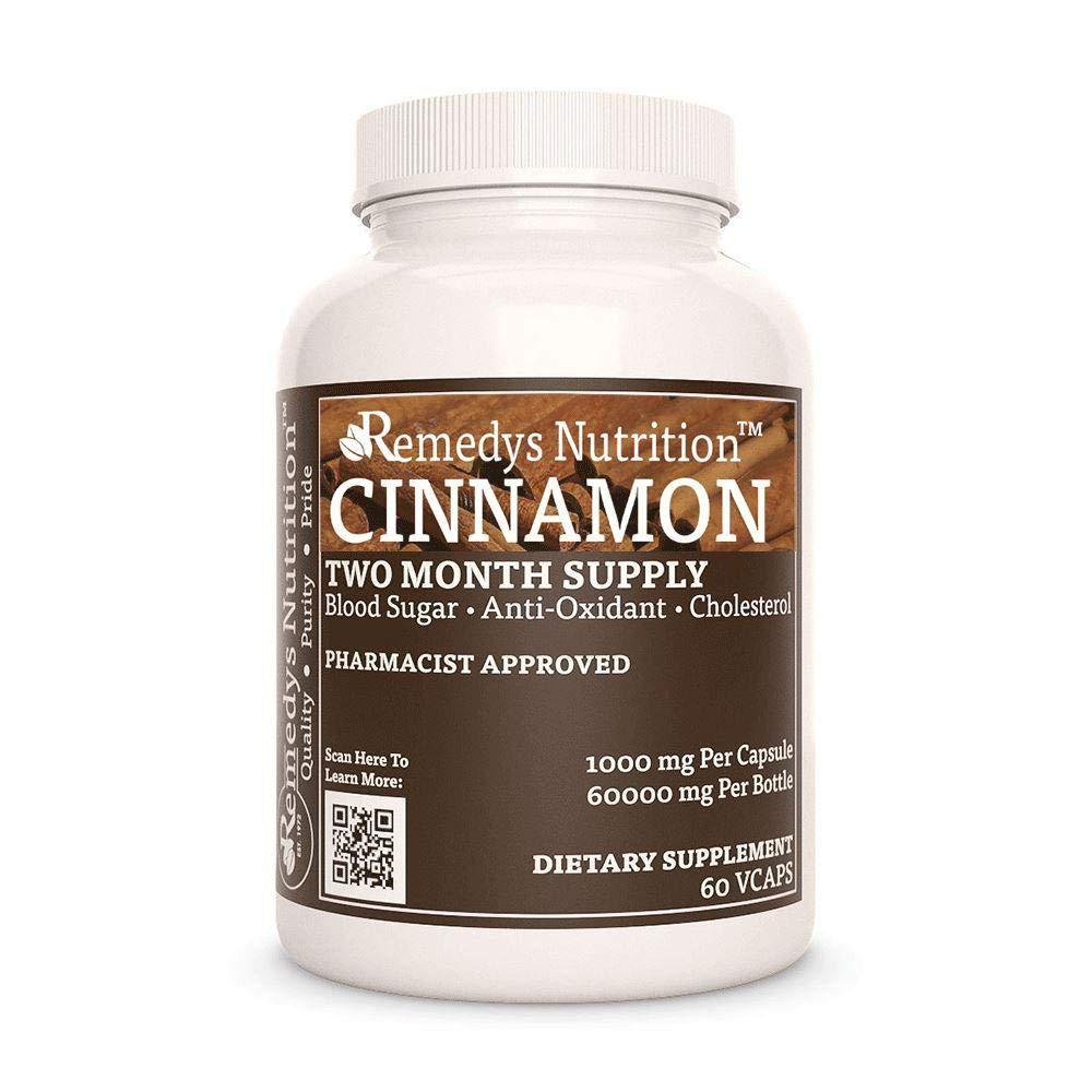 Cinnamon Bark Ceylon (Cinnamomum verum) Remedy's Nutrition MEGA Strength 1,000 mg per Capsule/60,000 mg per Bottle Vegan