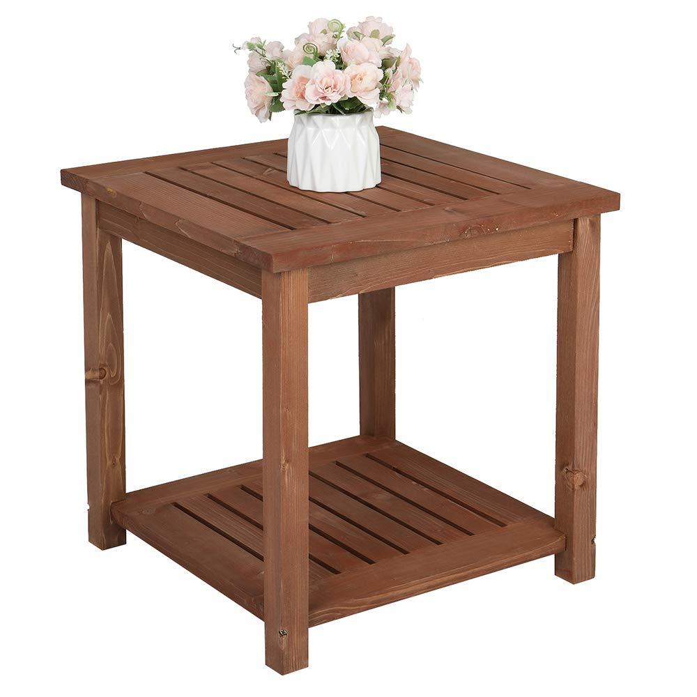 Outvita Patio Small Side Table, Acacia Wood 18 inch Double-Deck Coffee Table with Storage Tier for Living Room, Garden, Balcony, Porch, Deck, Carbonized Color