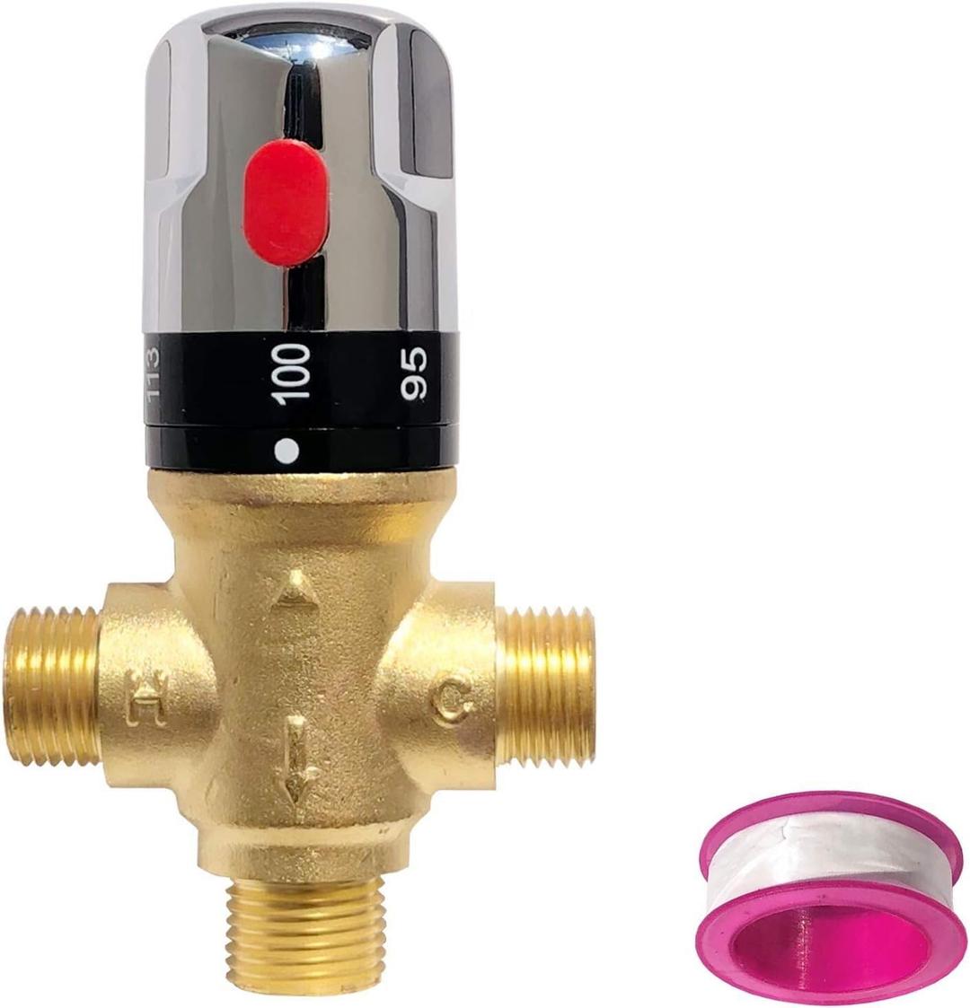 Thermostatic Mixing Valve，Shower Mixing Valve with 1/2 NPT Male Connections,Water Temperature Constant Control Valve,Solid Brass