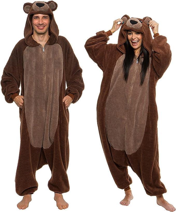 Funziez!Sherpa Bear Adult Onesie - Animal Halloween Costume - Plush Teddy One Piece Cosplay Suit for Adults, Women and Men