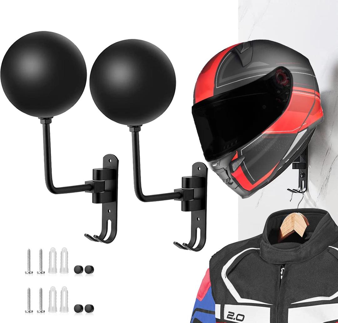 SANGMO180°Motorcycle Helmet Rack, Rotation Metal Helmet Holder Wall Mounted Helmet Rack Motorcycle with 2 Hooks Helmet Hanger for Motorcycle Bike Coats, Caps, Baseballs, Rugby Helmet