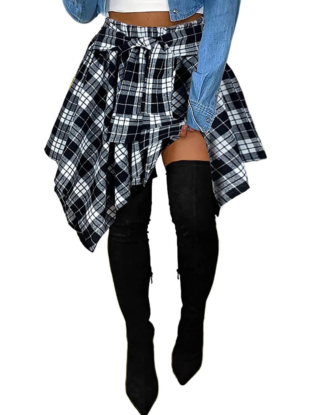 Women's Plaid Skorts Skirts - High Waisted Tie Front Pleated Summer Asymmetrical Skirt with Shorts