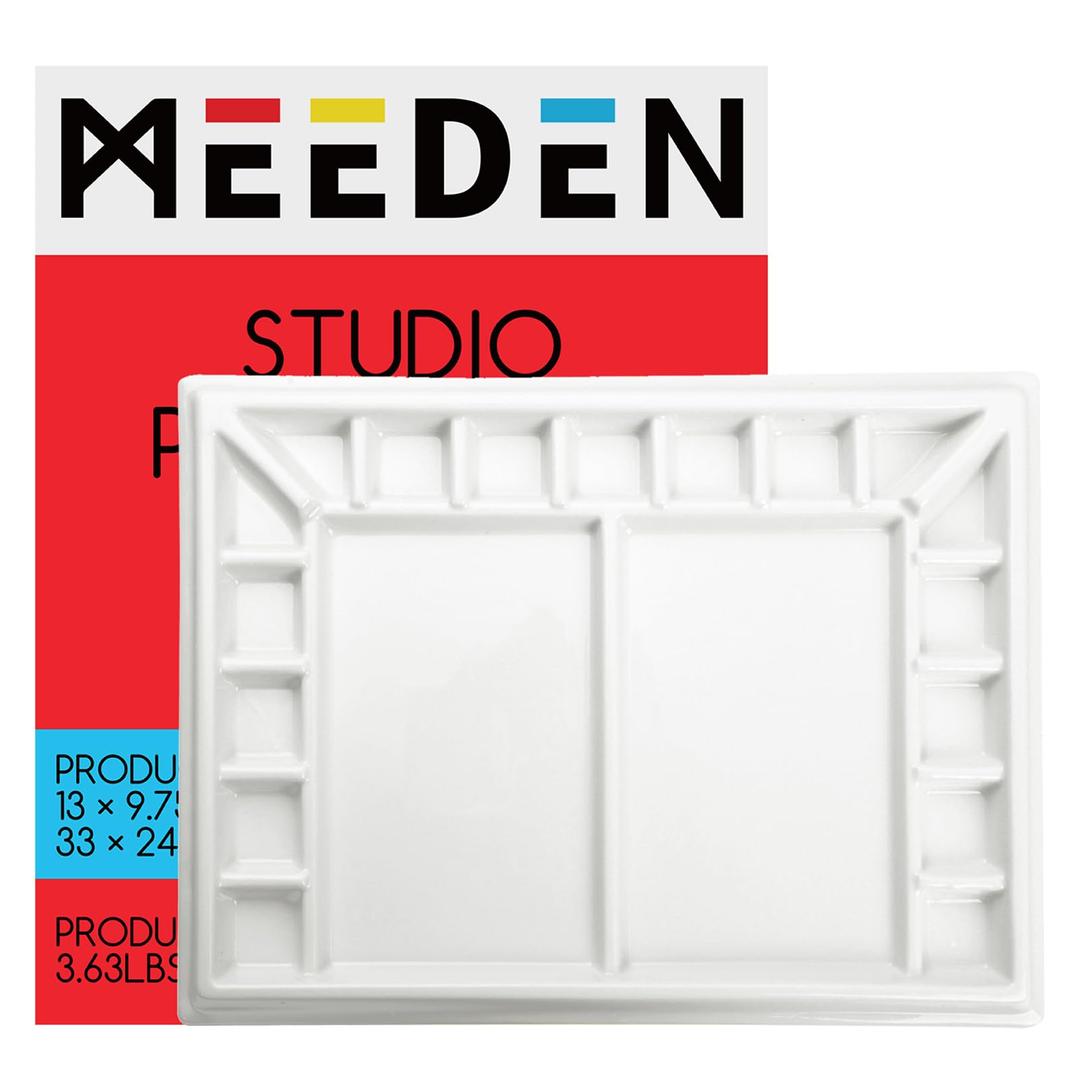 MEEDEN Ceramic Watercolor Palette：Large Porcelain Artist Paint Palette Rectangle 13 x 9.8 inch - Art Mixing Tray for Gouache, Watercolor, Acrylic Painting - Without a Lid