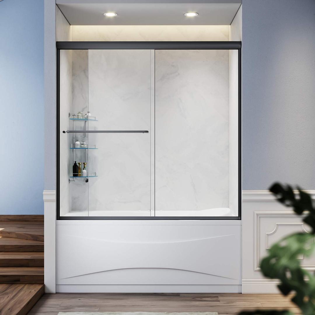 SUNNY SHOWER Bathtub Shower Door Glass Sliding Tub Door Semi-Frameless 1/4" Clear Glass Shower Enclosure Doors for Bathroom, Black Finish 58.5-60 in.W x 62 in.H