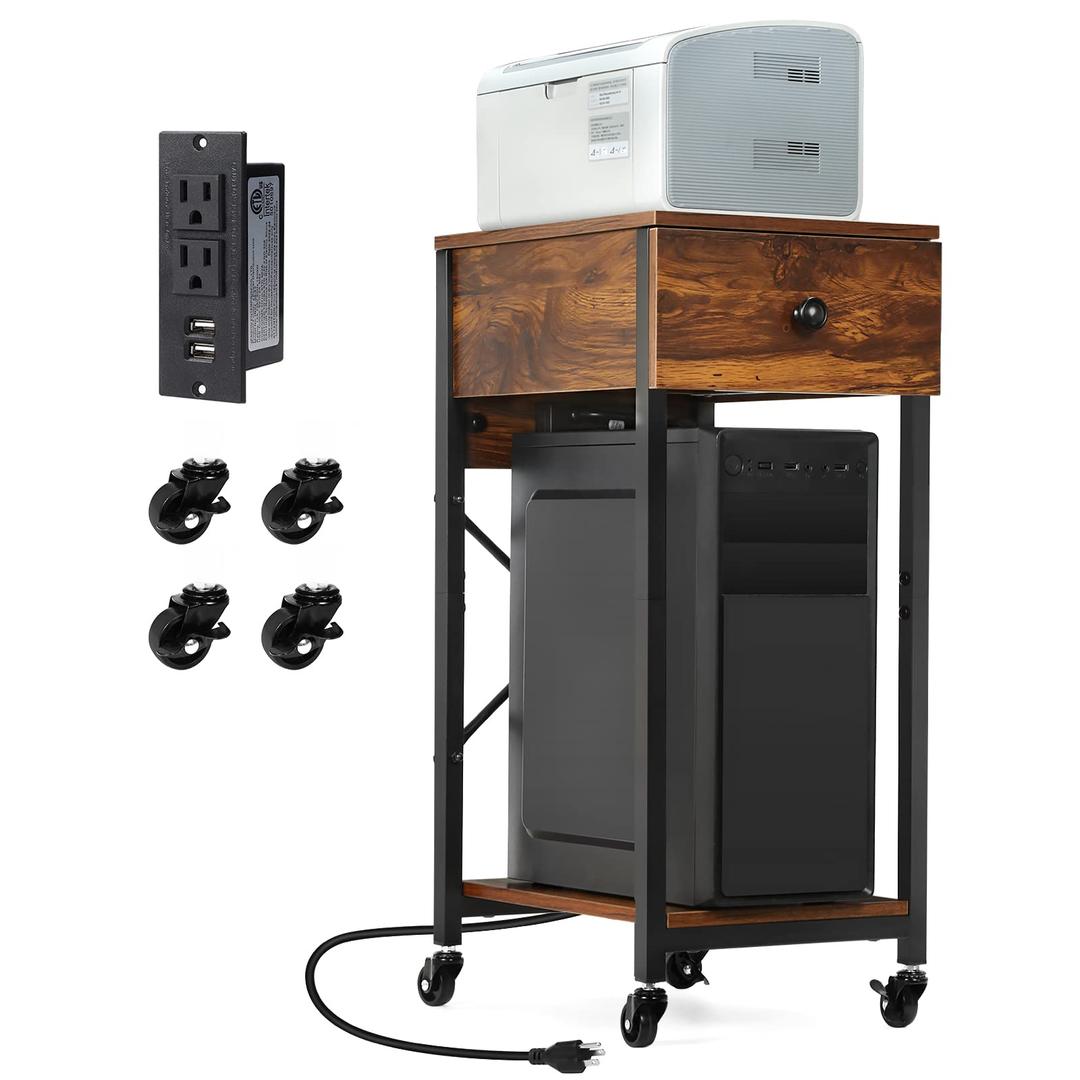 Computer Tower Stand, Rolling Printer Stand with Drawers, Pc Tower Stand with Lockable Wheels, Office CPU Stand, Cabinet Under Desk for Fax Machine, Copier, Scanner, Printer, Scanner