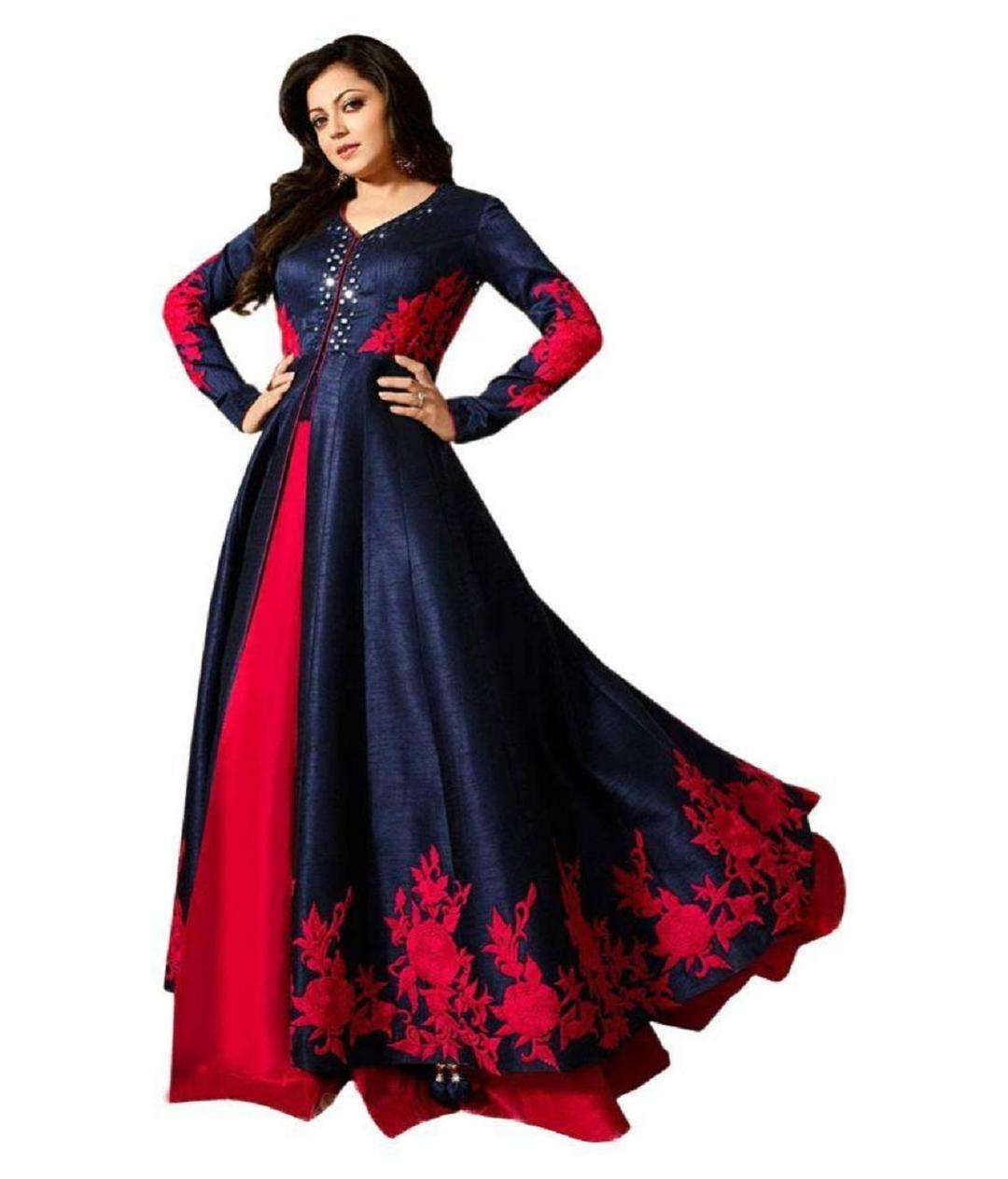 Mert India Women's Banglori Silk Embroidered Semi-Stitched Long Salwar Suit with Dupatta (2213, Blue)