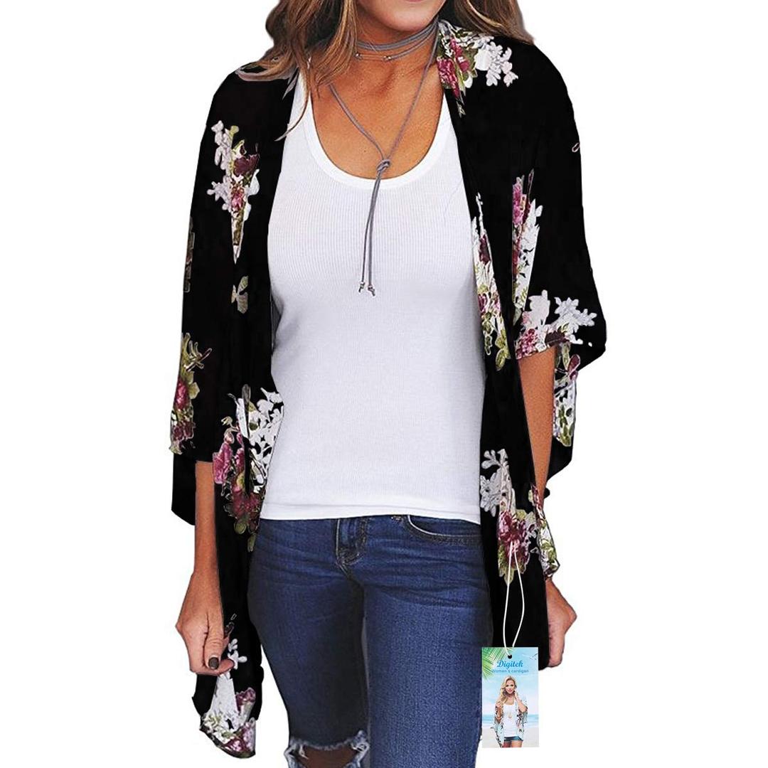 Digitek Women's Floral Kimono Cardigan, Chiffon Cardigan Tops, Women's Kimono Casual Loose Blouse, Shawl, Summer, Boho, Beach, Bikini Cover Up, Lightweight Beach Jacket, black, M