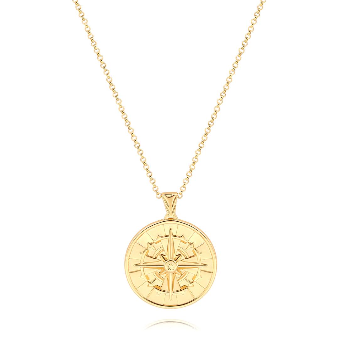 18K Gold Plate Compass Pendant Necklace for Women Dainty Sunflower Coin Necklaces for Girl Personalized Chain Layered Jewelry 18”/20”